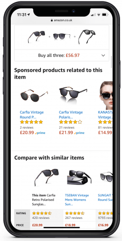 Mobile phone showing Amazon's related products feature