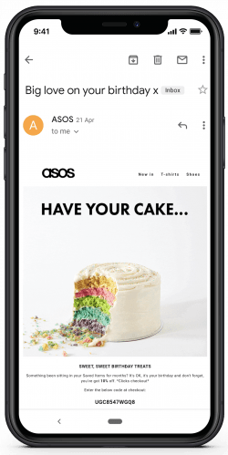 Mobile phone showing a personalised birthday email from ASOS